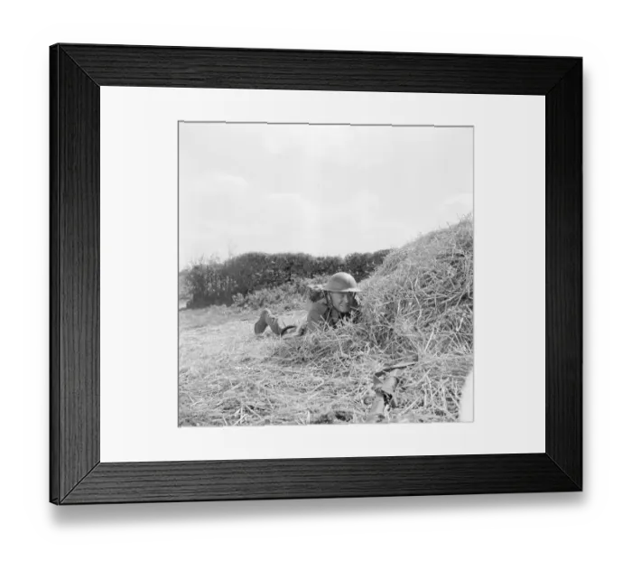 Framed Print : Corporal Tubby Bins hides behind a hay bale Framed Print : Corporal Tubby Bins hides behind a hay bale