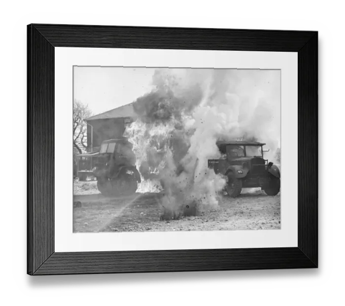 Framed Print : Army vehicles on fire Framed Print : Army vehicles on fire