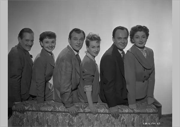 The main cast of Young Wives Tale with Guy Middleton, Audrey Hepburn, Nigel Patrick