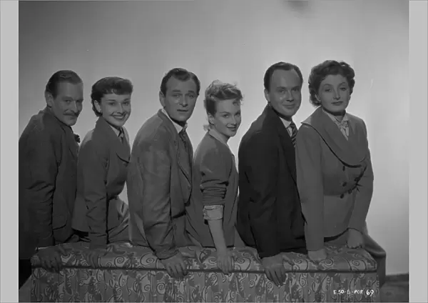 The main cast of Young Wives Tale with Guy Middleton, Audrey Hepburn, Nigel Patrick