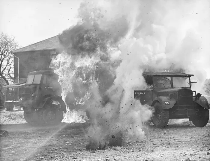 Framed Print : Army vehicles on fire Framed Print : Army vehicles on fire