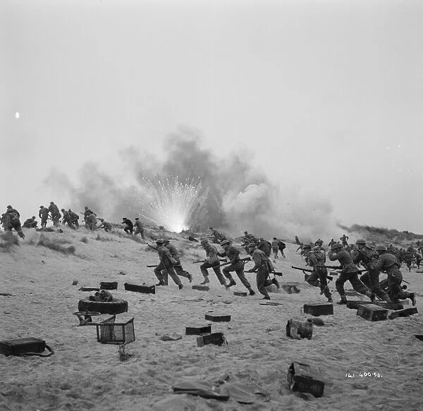 British troops under bombardment on the beach