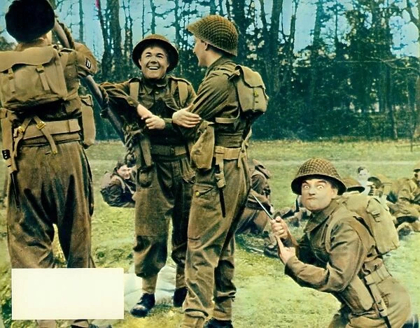 A colour lobby card for Carry On Sergeant (1958) with a blank space for the exhibitors at the time to stamp in the cinemas details