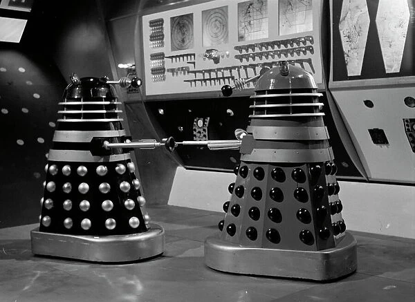 Daleks face-off. in a scene from Dr Who and The Daleks (1965)