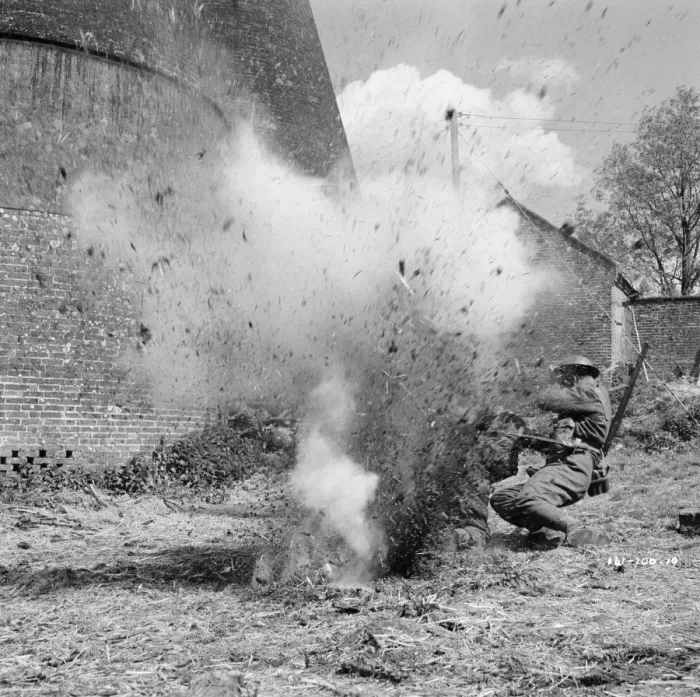 Framed Print : An explosion in a scene from Dunkirk (1958) Framed Print : An explosion in a scene from Dunkirk (1958)
