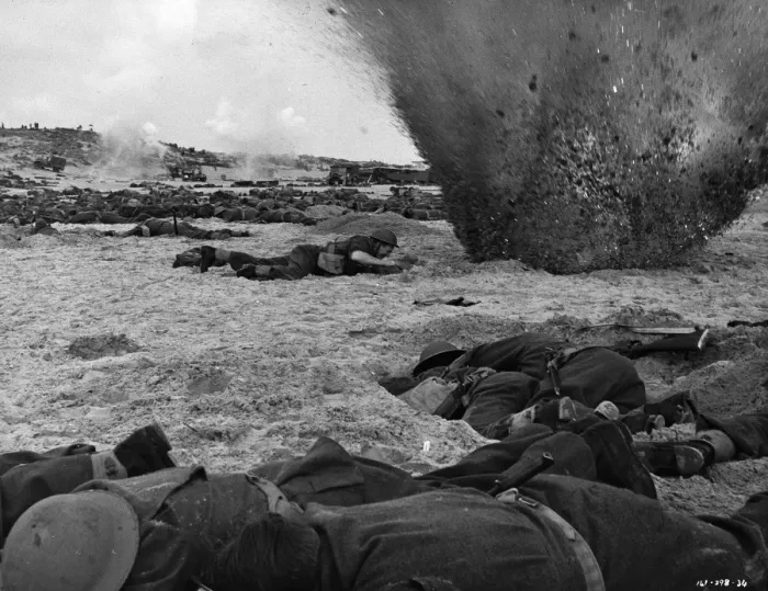 Framed Print : An explosion in a scene from Dunkirk (1958) Framed Print : An explosion in a scene from Dunkirk (1958)