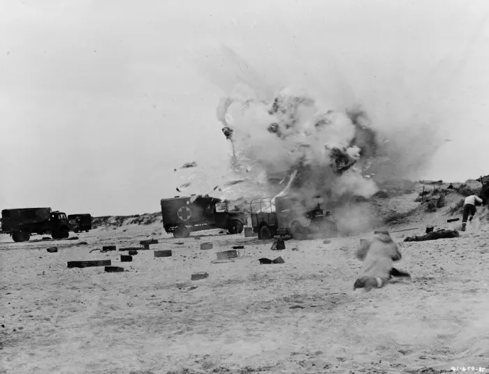 Framed Print : An explosion in a scene from Dunkirk (1958) Framed Print : An explosion in a scene from Dunkirk (1958)