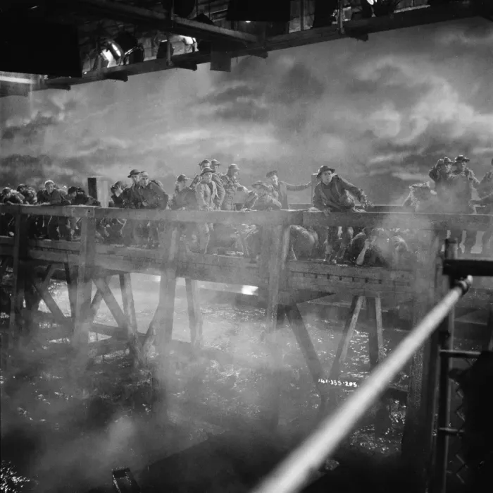 Framed Print : Filming the bridge sequence from Dunkirk (1958) Framed Print : Filming the bridge sequence from Dunkirk (1958)