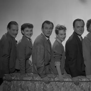 The main cast of Young Wives Tale with Guy Middleton, Audrey Hepburn, Nigel Patrick