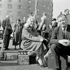 A smiling Diana Dors during filming of Yield to the Night