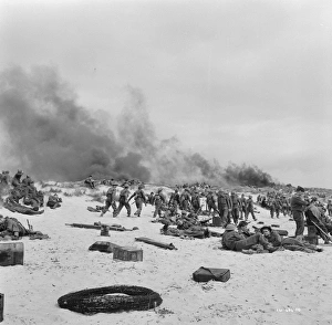 British troops under bombardment on the beach